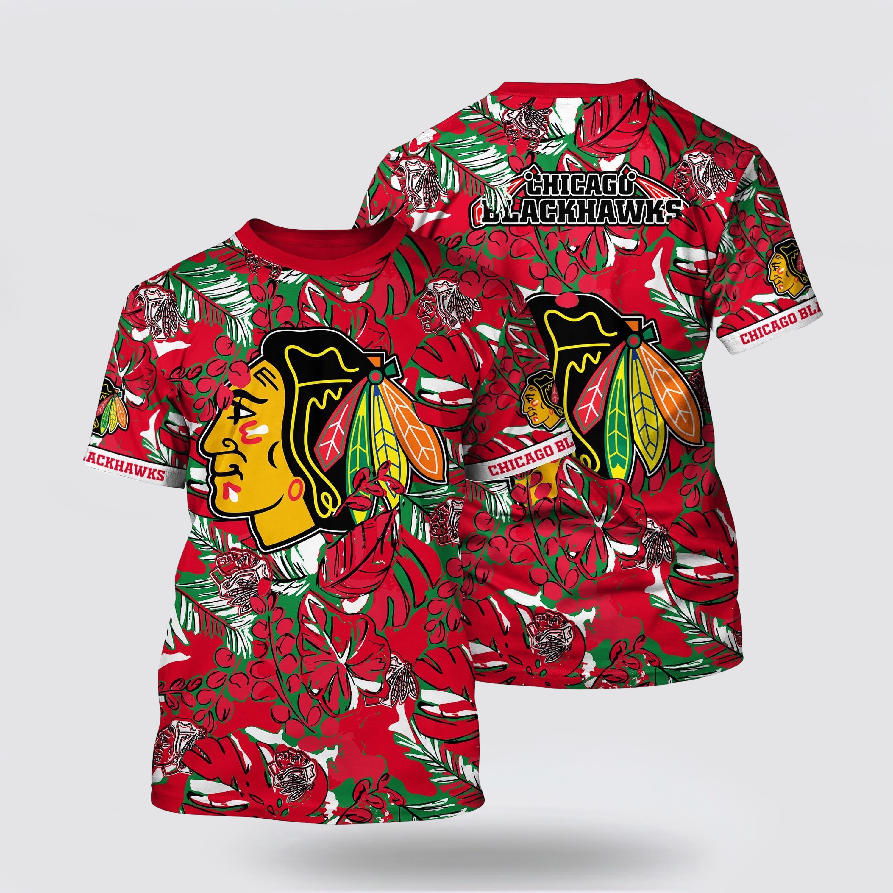 NHL Chicago Blackhawks All Over Print T Shirt Tropical Leaf Pattern Summer T Shirt