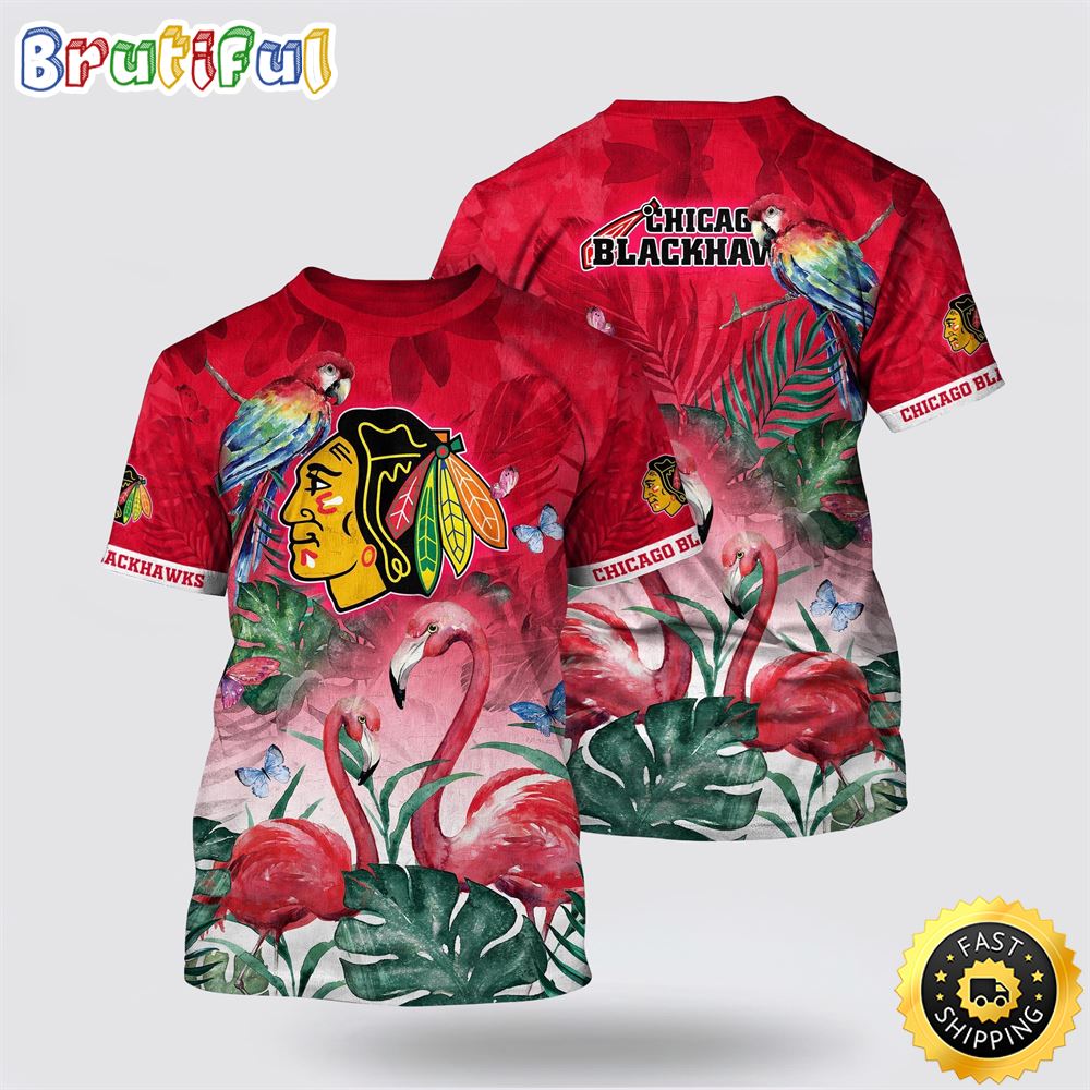 NHL Chicago Blackhawks All Over Print T Shirt Tropical Parrot And Flamingo Motifs Summer T Shirt