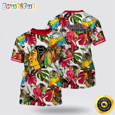 NHL Chicago Blackhawks All Over Print T Shirt Tropical Parrot Pattern Summer T Shirt