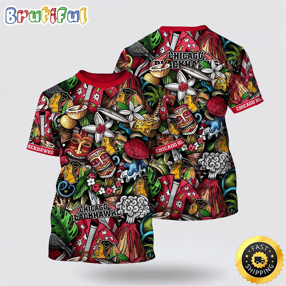 NHL Chicago Blackhawks All Over Print T Shirt Tropical Tiki Pattern Summer T Shirt