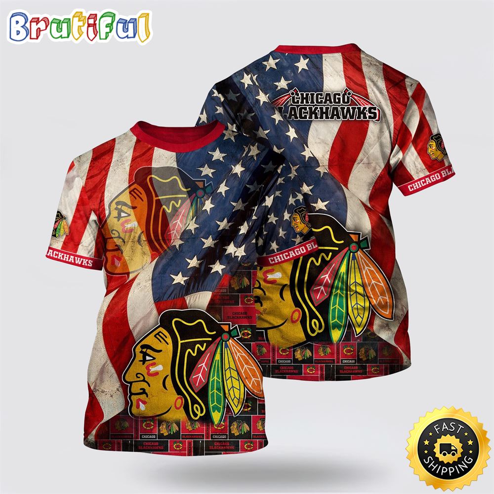 NHL Chicago Blackhawks All Over Print T Shirt With American Flag Pattern Summer T Shirt