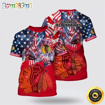NHL Chicago Blackhawks All Over Print T Shirt With American Independence Day Pattern Summer T Shirt