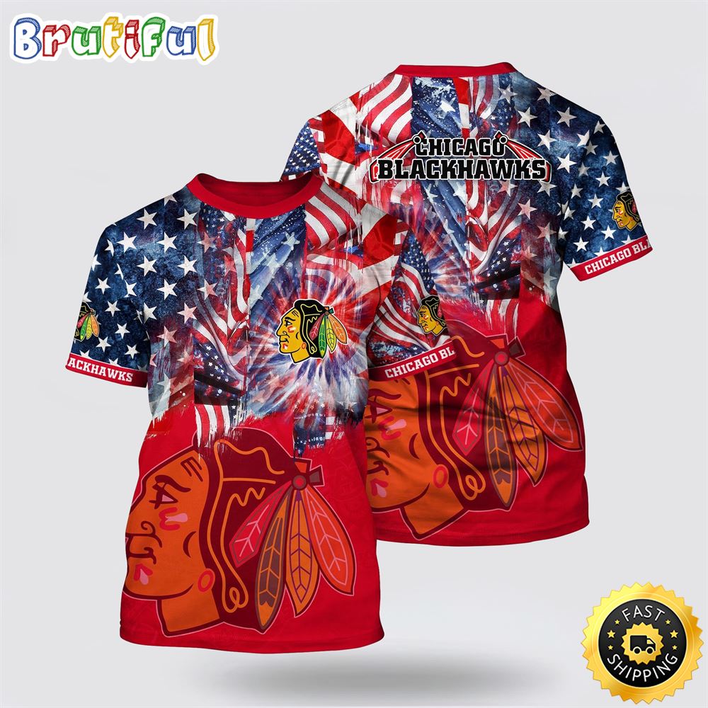 NHL Chicago Blackhawks All Over Print T Shirt With American Independence Day Pattern Summer T Shirt