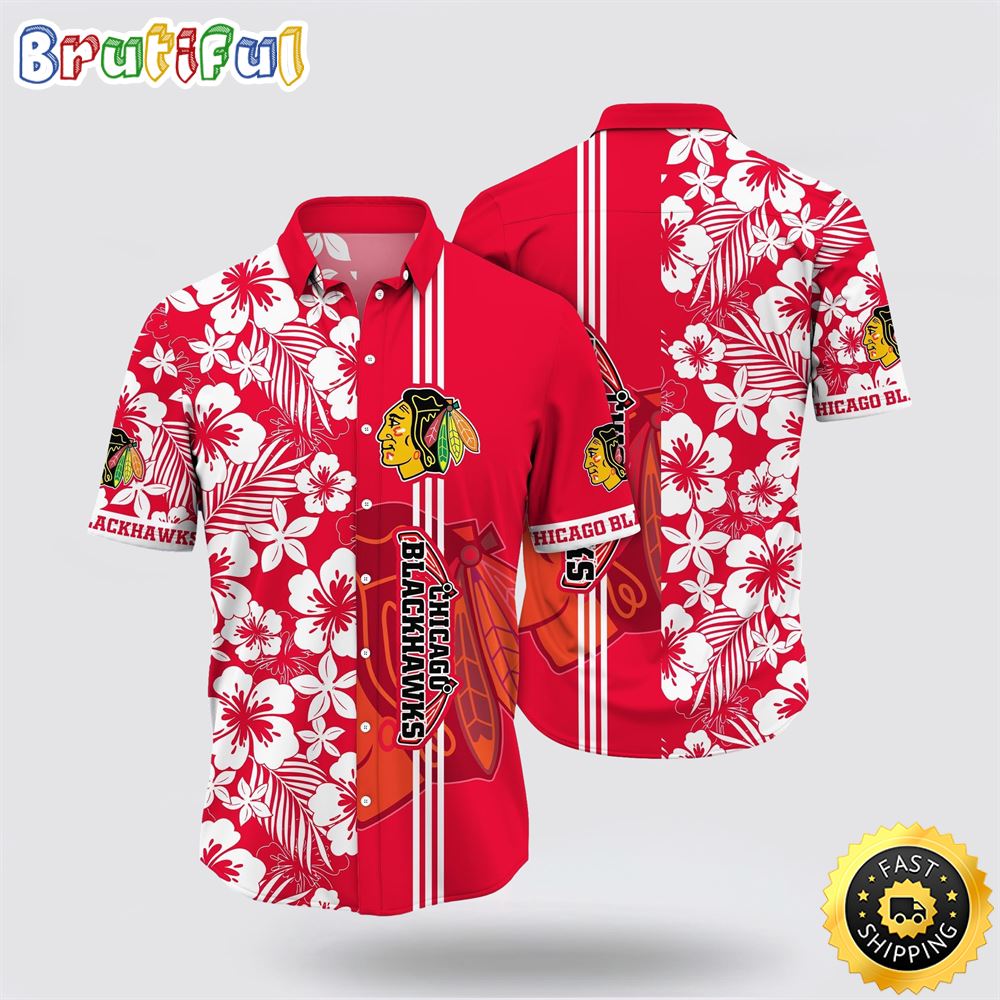NHL Chicago Blackhawks Hawaiian Shirt Tropical Apricot Blossom Pattern Summer Hawaiian Shirt NHL Chicago Blackhawks Hawaiian Shirt Tropical Apricot Blossom Pattern Summer Hawaiian Shirt