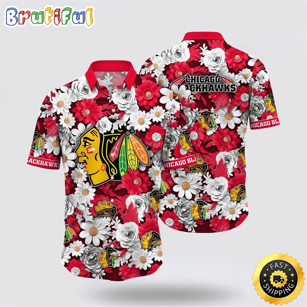 NHL Chicago Blackhawks Hawaiian Shirt Tropical Begonia Flower Pattern Summer Hawaiian Shirt NHL Chicago Blackhawks Hawaiian Shirt Tropical Begonia Flower Pattern Summer Hawaiian Shirt