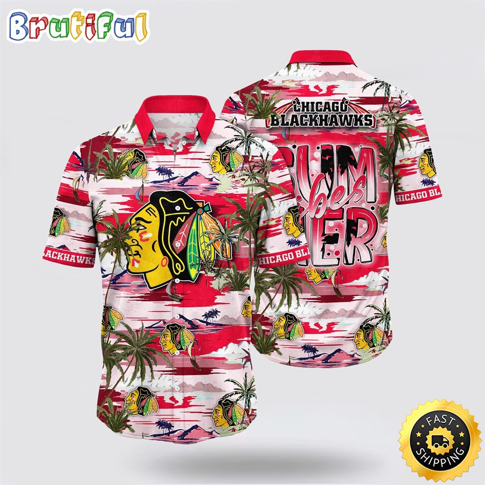 NHL Chicago Blackhawks Hawaiian Shirt Tropical Desert Island Motif Summer Hawaiian Shirt NHL Chicago Blackhawks Hawaiian Shirt Tropical Desert Island Motif Summer Hawaiian Shirt