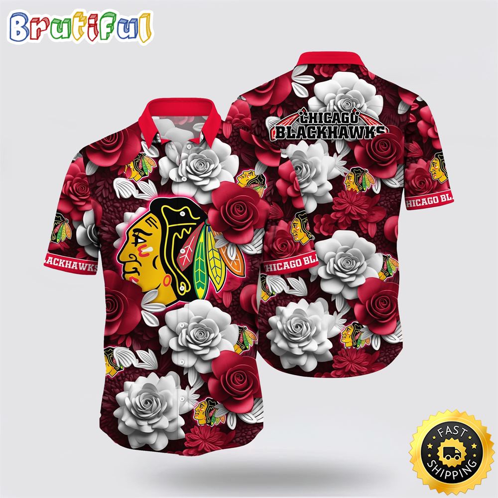 NHL Chicago Blackhawks Hawaiian Shirt Tropical Rose Pattern Summer Hawaiian Shirt NHL Chicago Blackhawks Hawaiian Shirt Tropical Rose Pattern Summer Hawaiian Shirt