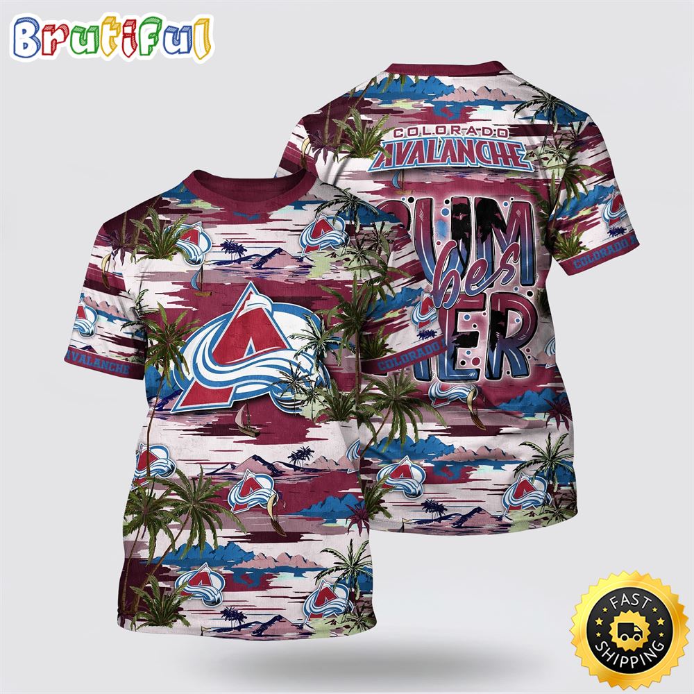 NHL Colorado Avalanche All Over Print T Shirt Tropical Desert Island Motif Summer T Shirt