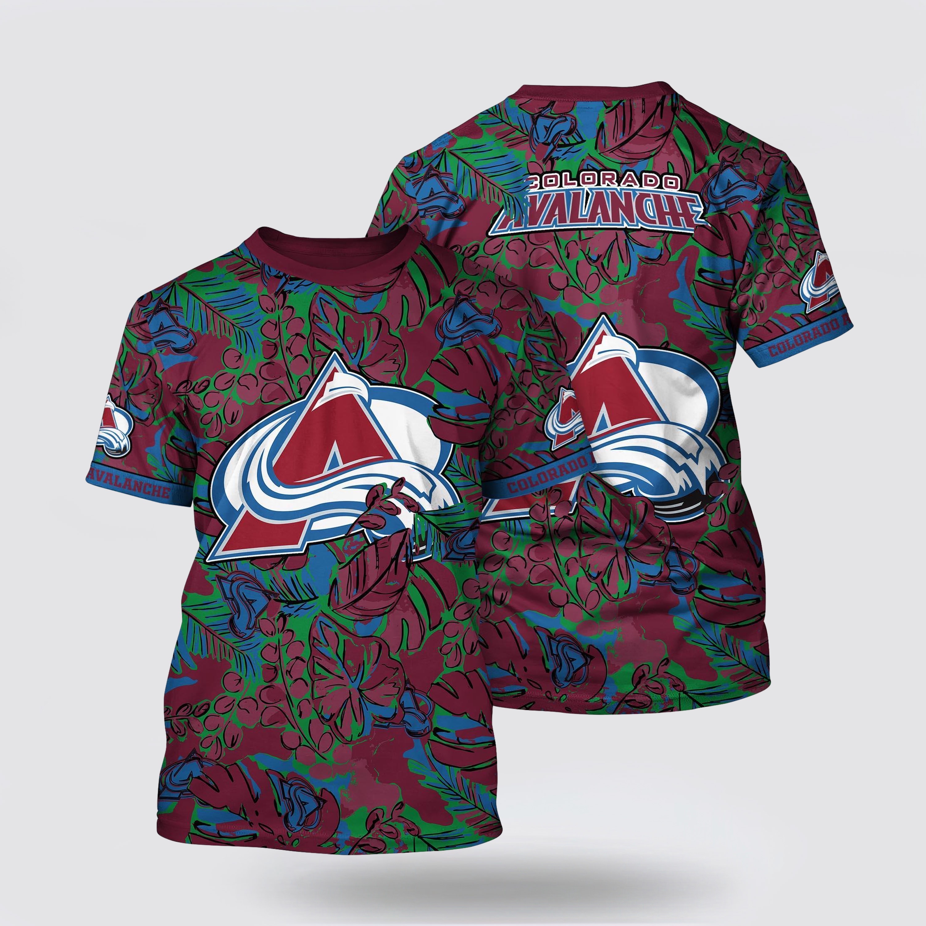 NHL Colorado Avalanche All Over Print T Shirt Tropical Leaf Pattern Summer T Shirt
