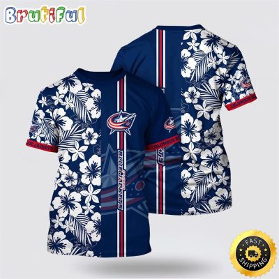 NHL Columbus Blue Jackets All Over Print T Shirt Tropical Apricot Blossom Pattern Summer T Shirt
