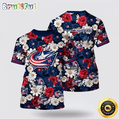 NHL Columbus Blue Jackets All Over Print T Shirt Tropical Begonia Flower Pattern Summer T Shirt