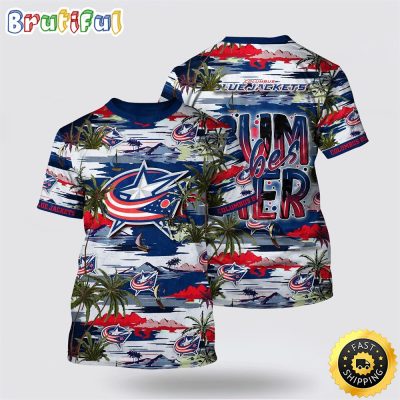 NHL Columbus Blue Jackets All Over Print T Shirt Tropical Desert Island Motif Summer T Shirt