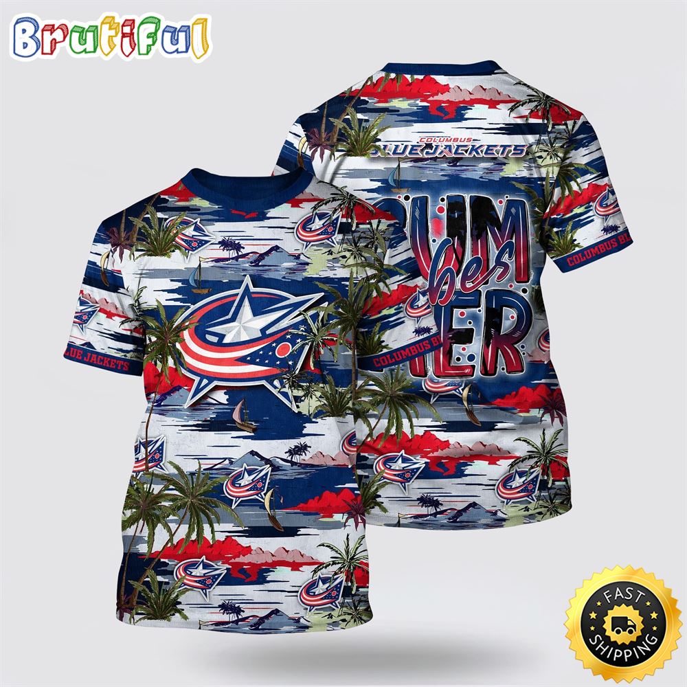 NHL Columbus Blue Jackets All Over Print T Shirt Tropical Desert Island Motif Summer T Shirt