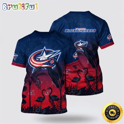 NHL Columbus Blue Jackets All Over Print T Shirt Tropical Flamingo Pattern Summer T Shirt