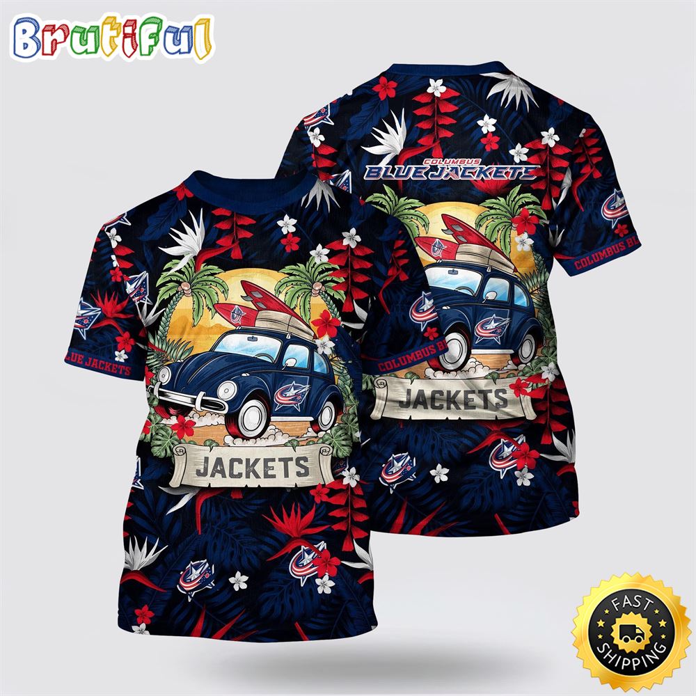 NHL Columbus Blue Jackets All Over Print T Shirt Tropical Forest Motif Car Traveling Summer T Shirt
