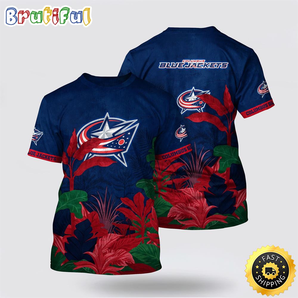 NHL Columbus Blue Jackets All Over Print T Shirt Tropical Forest Motifs Summer T Shirt