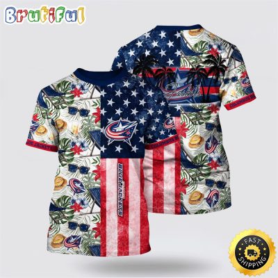 NHL Columbus Blue Jackets All Over Print T Shirt Tropical Hat And Glasses Pattern Summer T Shirt