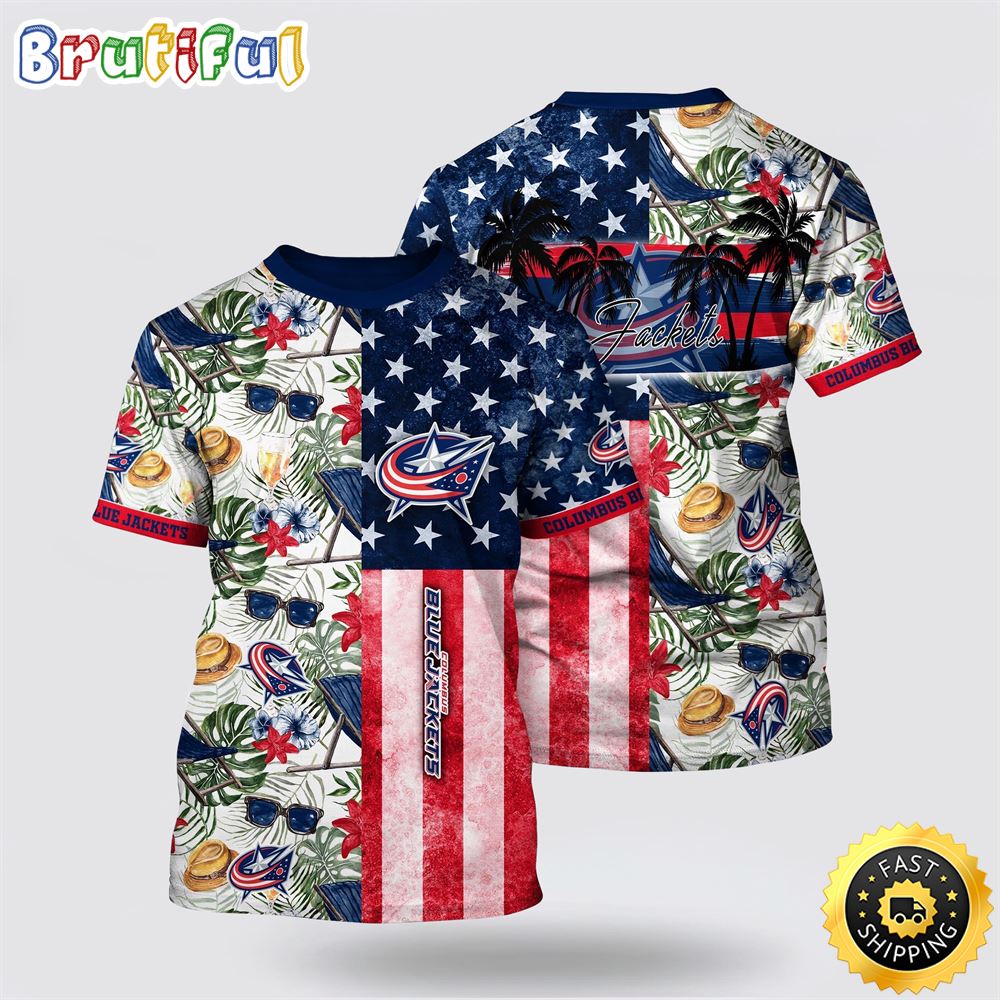 NHL Columbus Blue Jackets All Over Print T Shirt Tropical Hat And Glasses Pattern Summer T Shirt