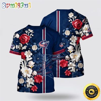 NHL Columbus Blue Jackets All Over Print T Shirt Tropical Hepatica Floral Pattern Summer T Shirt