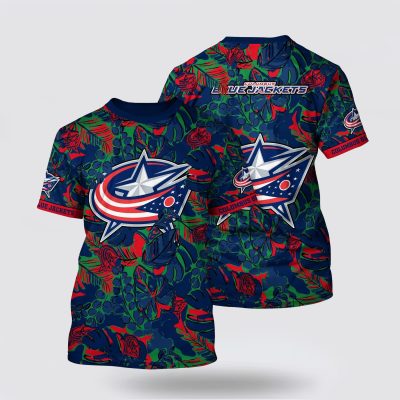 NHL Columbus Blue Jackets All Over Print T Shirt Tropical Leaf Pattern Summer T Shirt