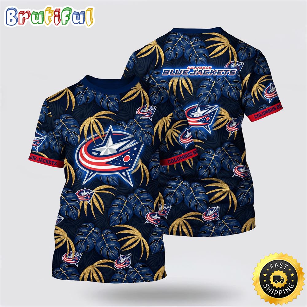 NHL Columbus Blue Jackets All Over Print T Shirt Tropical Motifs Summer T Shirt