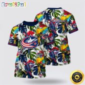 NHL Columbus Blue Jackets All Over Print T Shirt Tropical Parrot Pattern Summer T Shirt