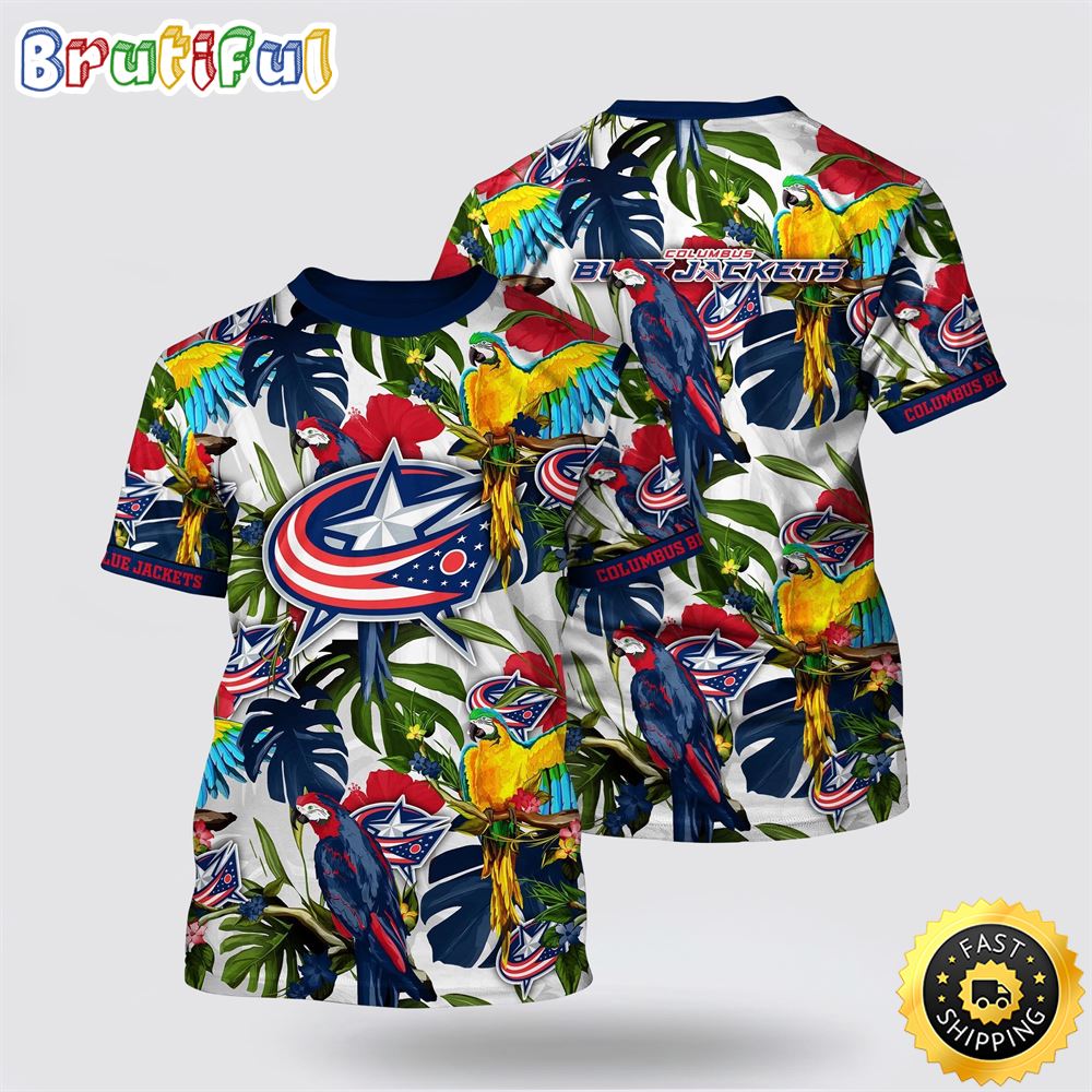 NHL Columbus Blue Jackets All Over Print T Shirt Tropical Parrot Pattern Summer T Shirt