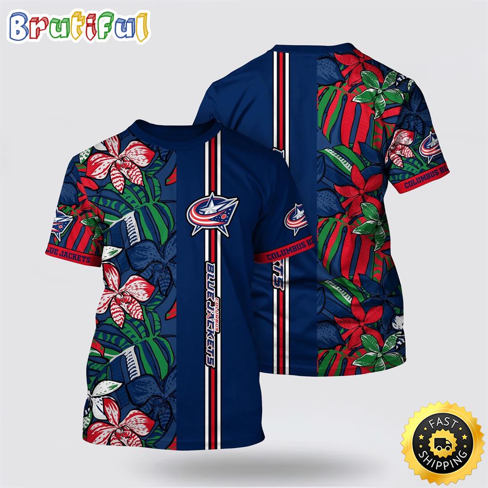 NHL Columbus Blue Jackets All Over Print T Shirt Tropical Tropical Forest Floral Pattern Summer T Shirt