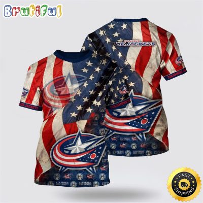 NHL Columbus Blue Jackets All Over Print T Shirt With American Flag Pattern Summer T Shirt