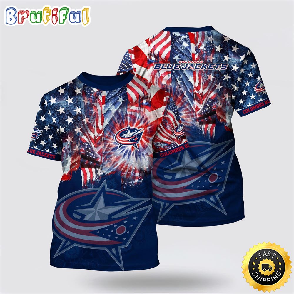 NHL Columbus Blue Jackets All Over Print T Shirt With American Independence Day Pattern Summer T Shirt