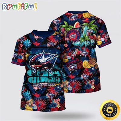 NHL Columbus Blue Jackets All Over Print T Shirt With Tropical Fruits Summer T Shirt