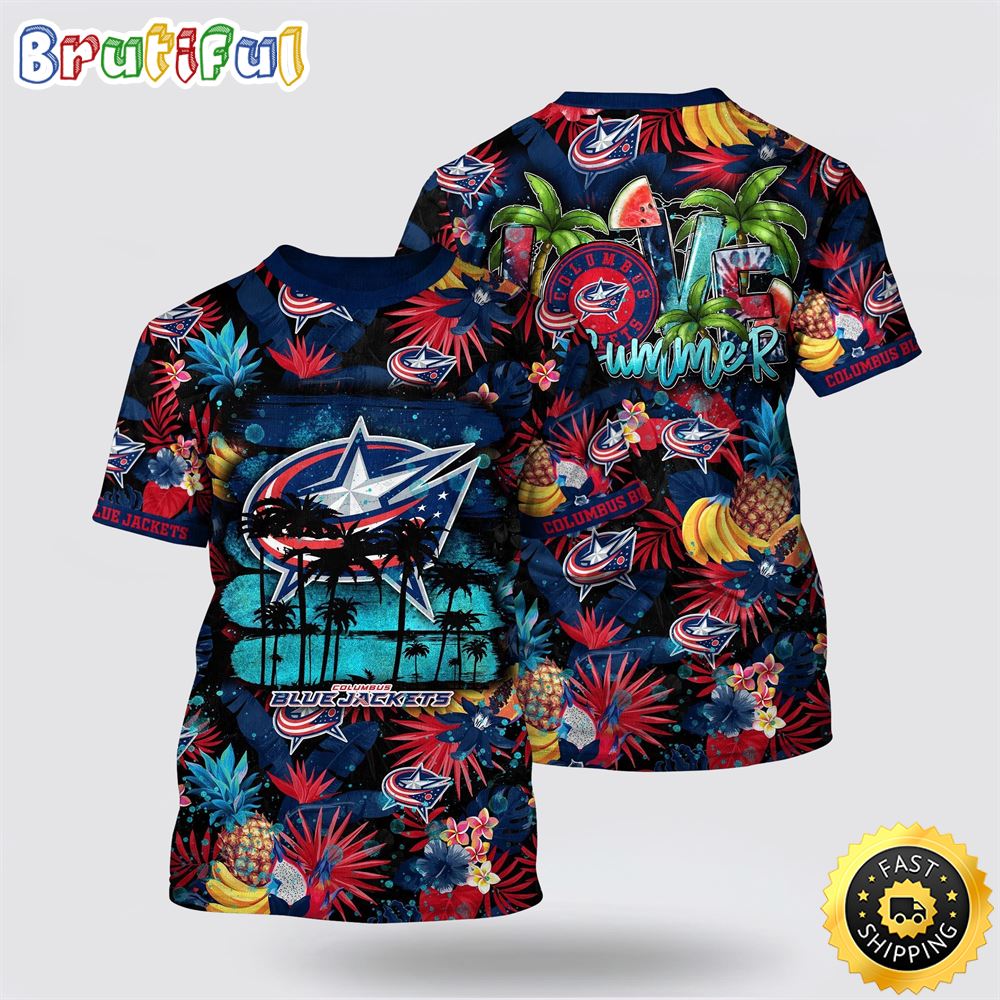 NHL Columbus Blue Jackets All Over Print T Shirt With Tropical Fruits Summer T Shirt