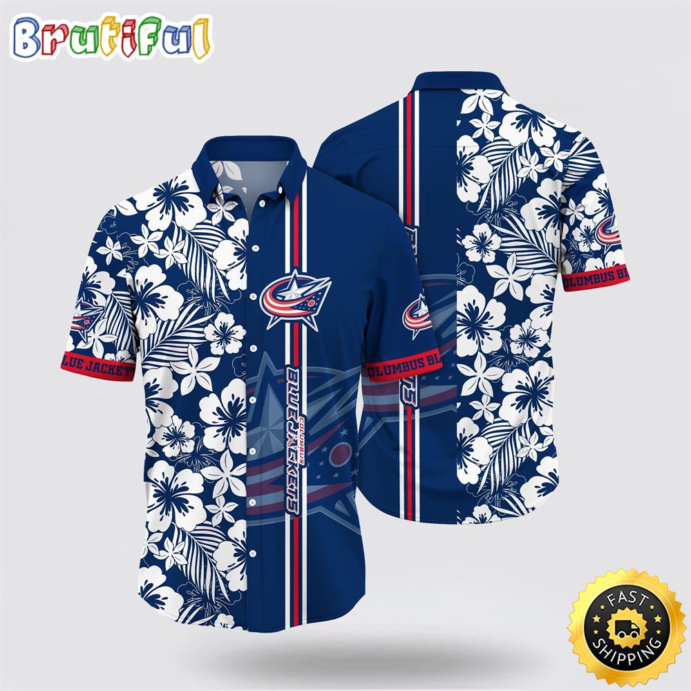 NHL Columbus Blue Jackets Hawaiian Shirt Tropical Apricot Blossom Pattern Summer Hawaiian Shirt NHL Columbus Blue Jackets Hawaiian Shirt Tropical Apricot Blossom Pattern Summer Hawaiian Shirt