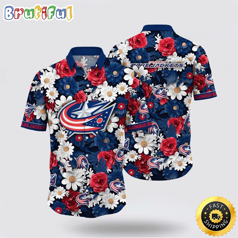 NHL Columbus Blue Jackets Hawaiian Shirt Tropical Begonia Flower Pattern Summer Hawaiian Shirt NHL Columbus Blue Jackets Hawaiian Shirt Tropical Begonia Flower Pattern Summer Hawaiian Shirt