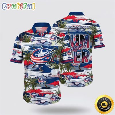 NHL Columbus Blue Jackets Hawaiian Shirt Tropical Desert Island Motif Summer Hawaiian Shirt