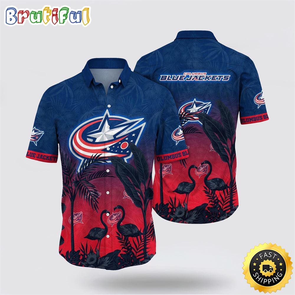 NHL Columbus Blue Jackets Hawaiian Shirt Tropical Flamingo Pattern Summer Hawaiian Shirt NHL Columbus Blue Jackets Hawaiian Shirt Tropical Flamingo Pattern Summer Hawaiian Shirt
