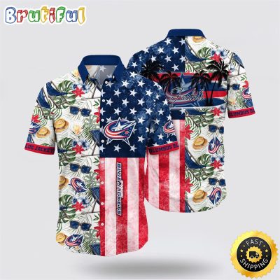 NHL Columbus Blue Jackets Hawaiian Shirt Tropical Hat And Glasses Pattern Summer Hawaiian Shirt
