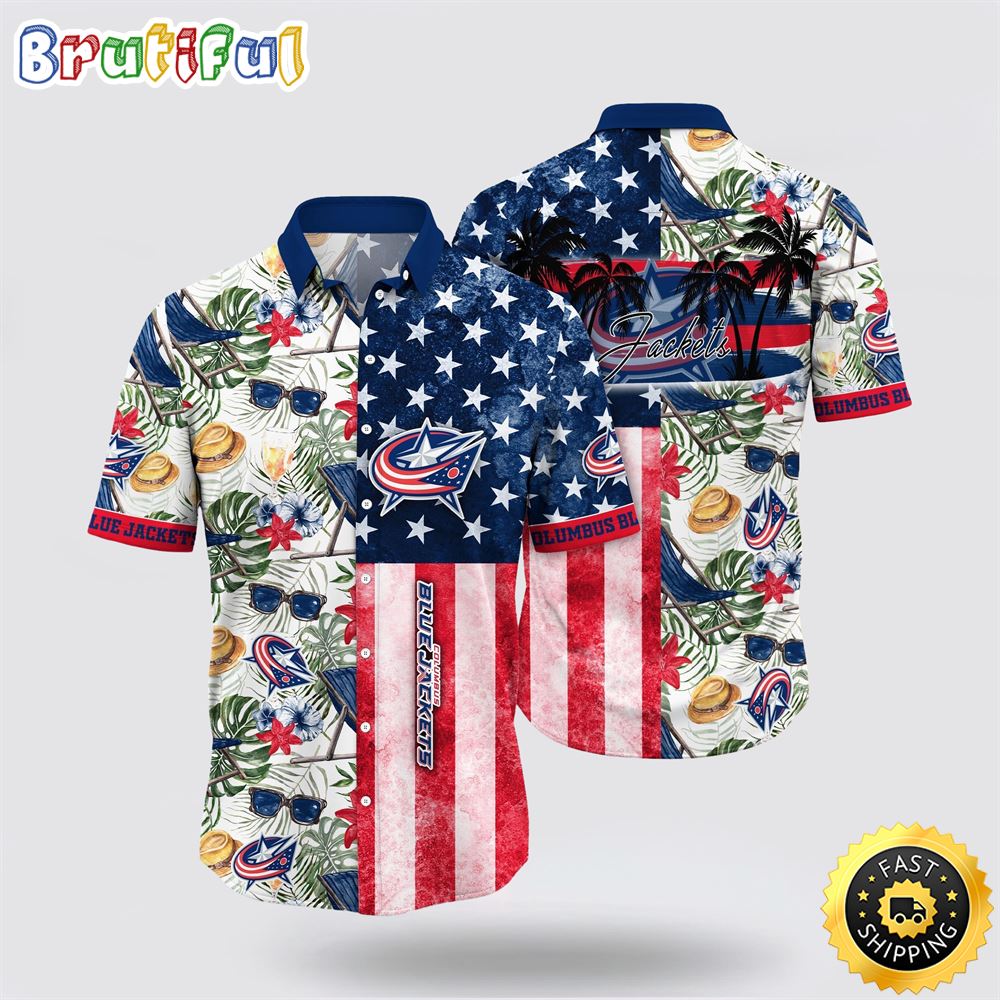 NHL Columbus Blue Jackets Hawaiian Shirt Tropical Hat And Glasses Pattern Summer Hawaiian Shirt NHL Columbus Blue Jackets Hawaiian Shirt Tropical Hat And Glasses Pattern Summer Hawaiian Shirt