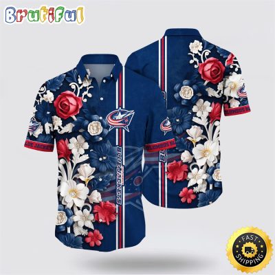 NHL Columbus Blue Jackets Hawaiian Shirt Tropical Hepatica Floral Pattern Summer Hawaiian Shirt