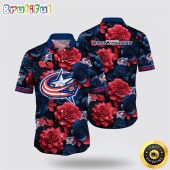 NHL Columbus Blue Jackets Hawaiian Shirt Tropical Rose Pattern Summer Hawaiian Shirt