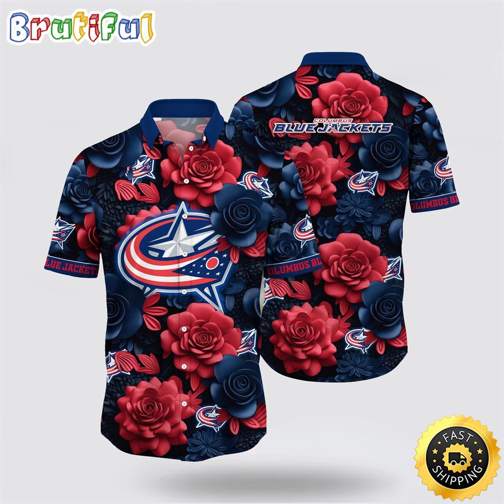 NHL Columbus Blue Jackets Hawaiian Shirt Tropical Rose Pattern Summer Hawaiian Shirt NHL Columbus Blue Jackets Hawaiian Shirt Tropical Rose Pattern Summer Hawaiian Shirt