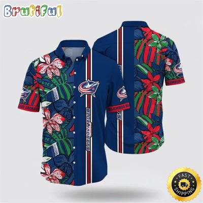 NHL Columbus Blue Jackets Hawaiian Shirt Tropical Tropical Forest Floral Pattern Summer Hawaiian Shirt