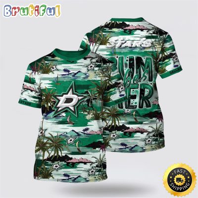 NHL Dallas Stars All Over Print T Shirt Tropical Desert Island Motif Summer T Shirt