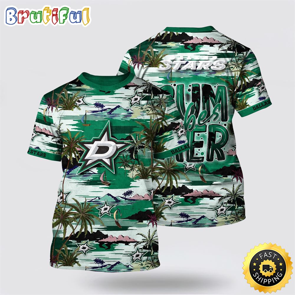 NHL Dallas Stars All Over Print T Shirt Tropical Desert Island Motif Summer T Shirt