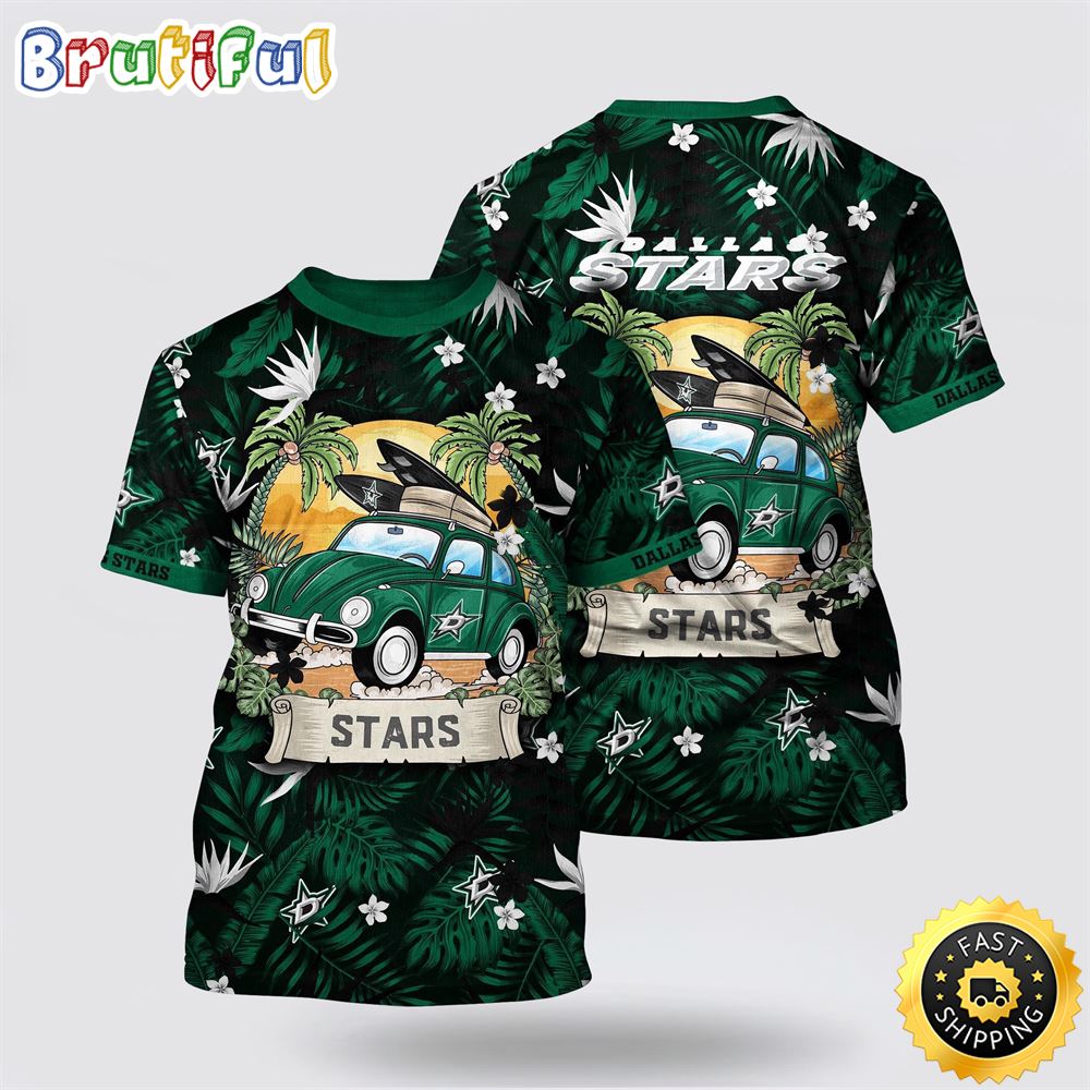 NHL Dallas Stars All Over Print T Shirt Tropical Forest Motif Car Traveling Summer T Shirt