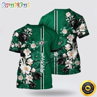 NHL Dallas Stars All Over Print T Shirt Tropical Hepatica Floral Pattern Summer T Shirt