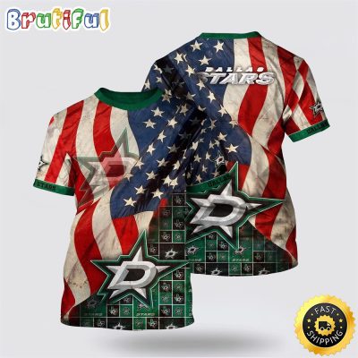 NHL Dallas Stars All Over Print T Shirt With American Flag Pattern Summer T Shirt