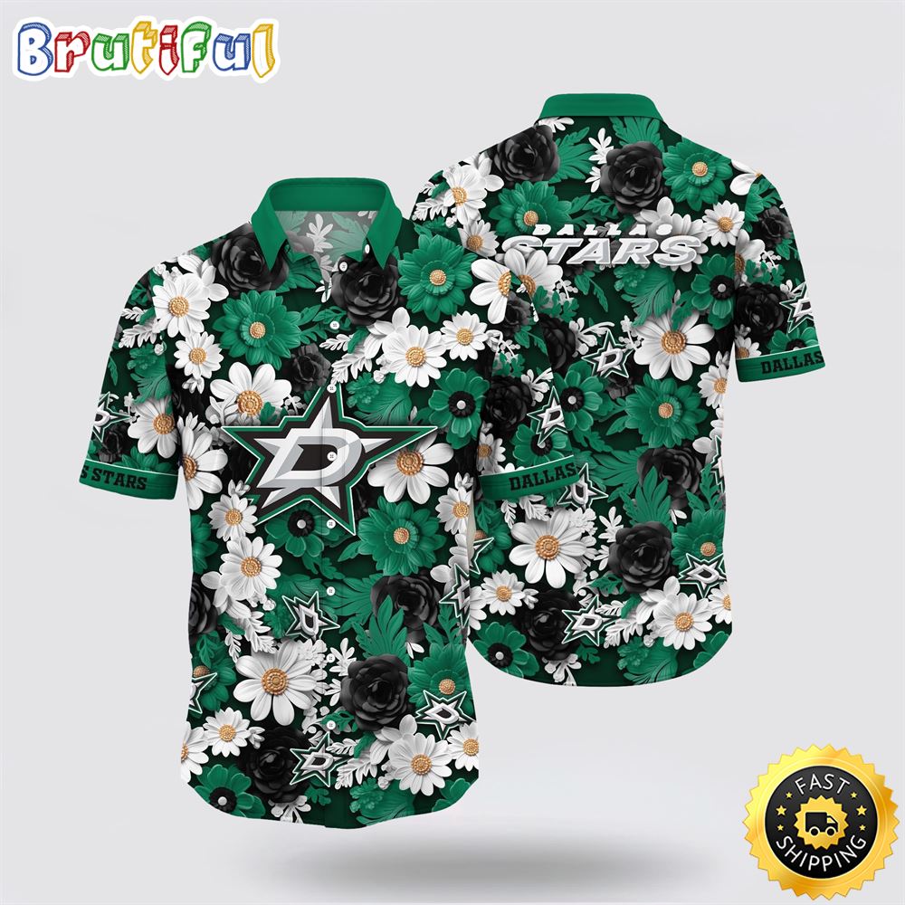 NHL Dallas Stars Hawaiian Shirt Tropical Begonia Flower Pattern Summer Hawaiian Shirt NHL Dallas Stars Hawaiian Shirt Tropical Begonia Flower Pattern Summer Hawaiian Shirt