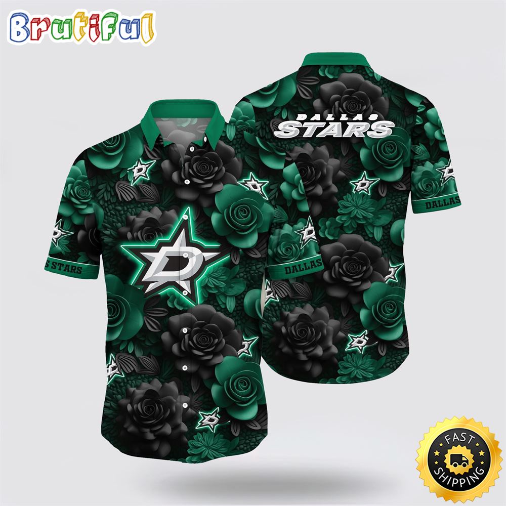 NHL Dallas Stars Hawaiian Shirt Tropical Rose Pattern Summer Hawaiian Shirt NHL Dallas Stars Hawaiian Shirt Tropical Rose Pattern Summer Hawaiian Shirt