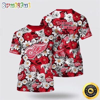 NHL Detroit Red Wings All Over Print T Shirt Tropical Begonia Flower Pattern Summer T Shirt